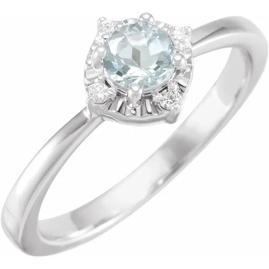 Sterling Silver Natural Aquamarine & .04 CTW Natural Diamond Halo-Style Ring