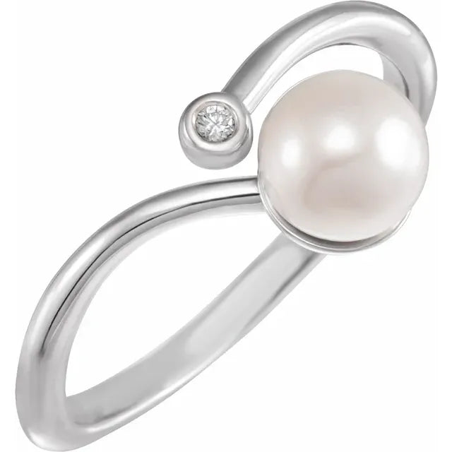 Sterling Silver Cultured Akoya Pearl & .015 CT Natural Diamond Freeform Ring