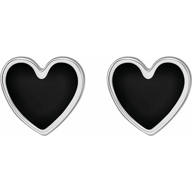 Sterling Silver Black Enamel Heart Earrings