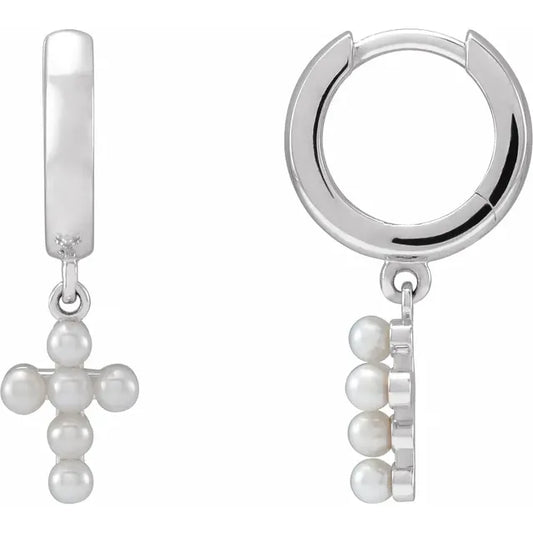 Sterling Silver Cultured White Seed Pearl Cross Hoop Earrings