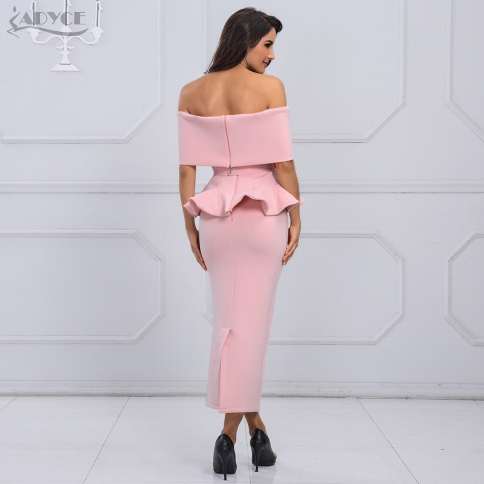 ADYCE Bow &amp; Ruffles Ankle Length Bodycon Slash Neck Short Sleeve Party Dress - Y2008