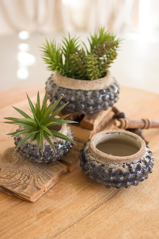 Kalalou Dark Blue Knobby Ceramic Planters - Set Of 3