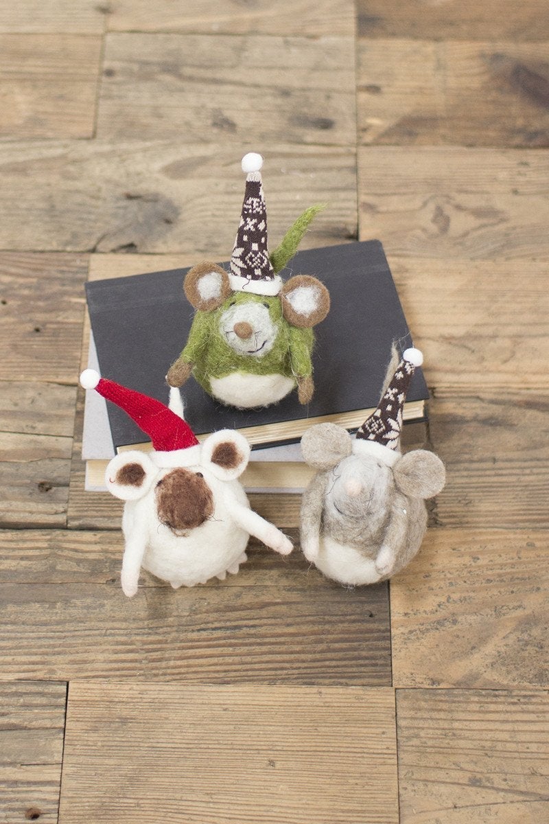 Kalalou Felt Mice With Christmas Hats - Set Of 6