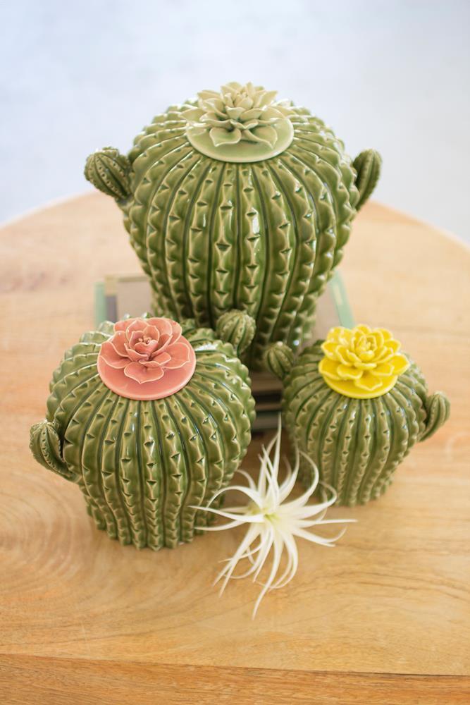 Kalalou Cactus Canisters W/ Flower Tops - Set Of 3