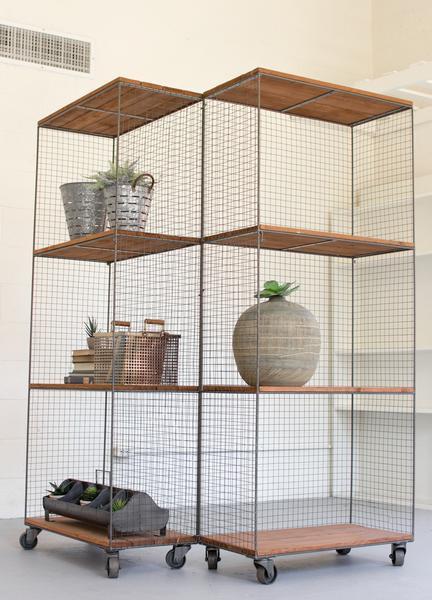 Kalalou 2 Hinged Raw Metal And Honey Wood Shelving Units On Casters