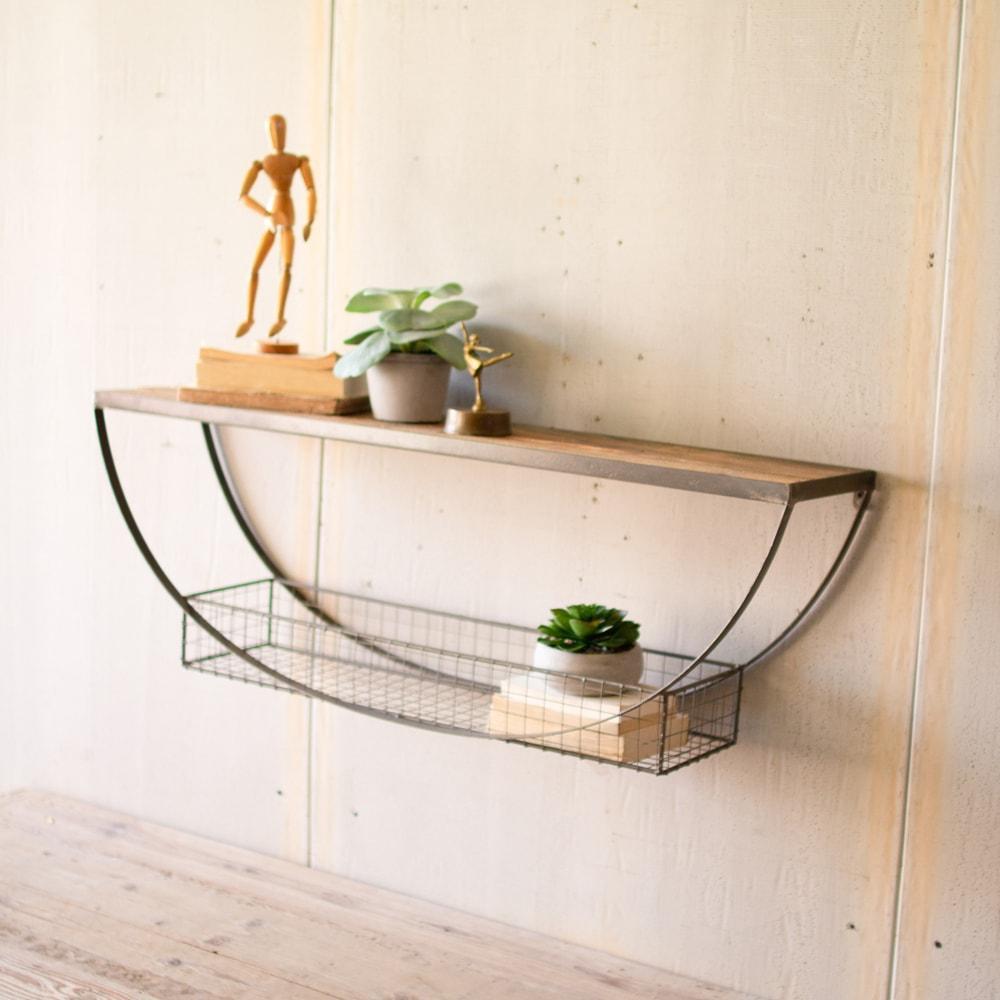 Kalalou Demi-Lune Shelf With Recycled Wood And Wire Basket