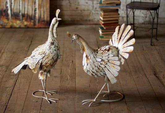 Kalalou Antiqued Distressed White Metal Turkeys - Set Of 2