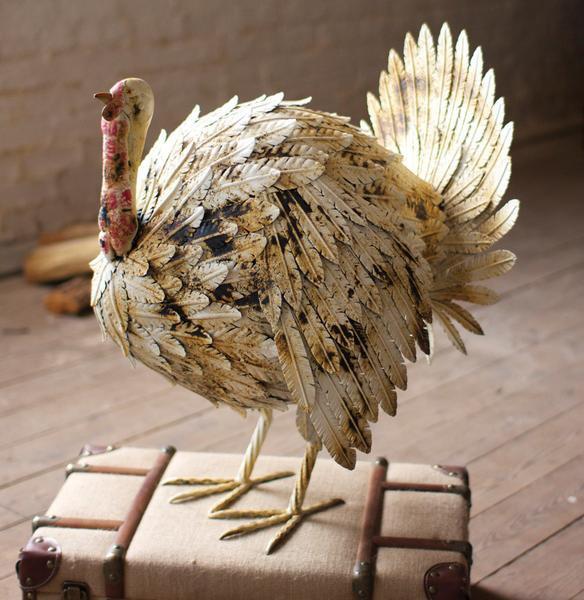 Kalalou Antique White Painted Metal Turkey