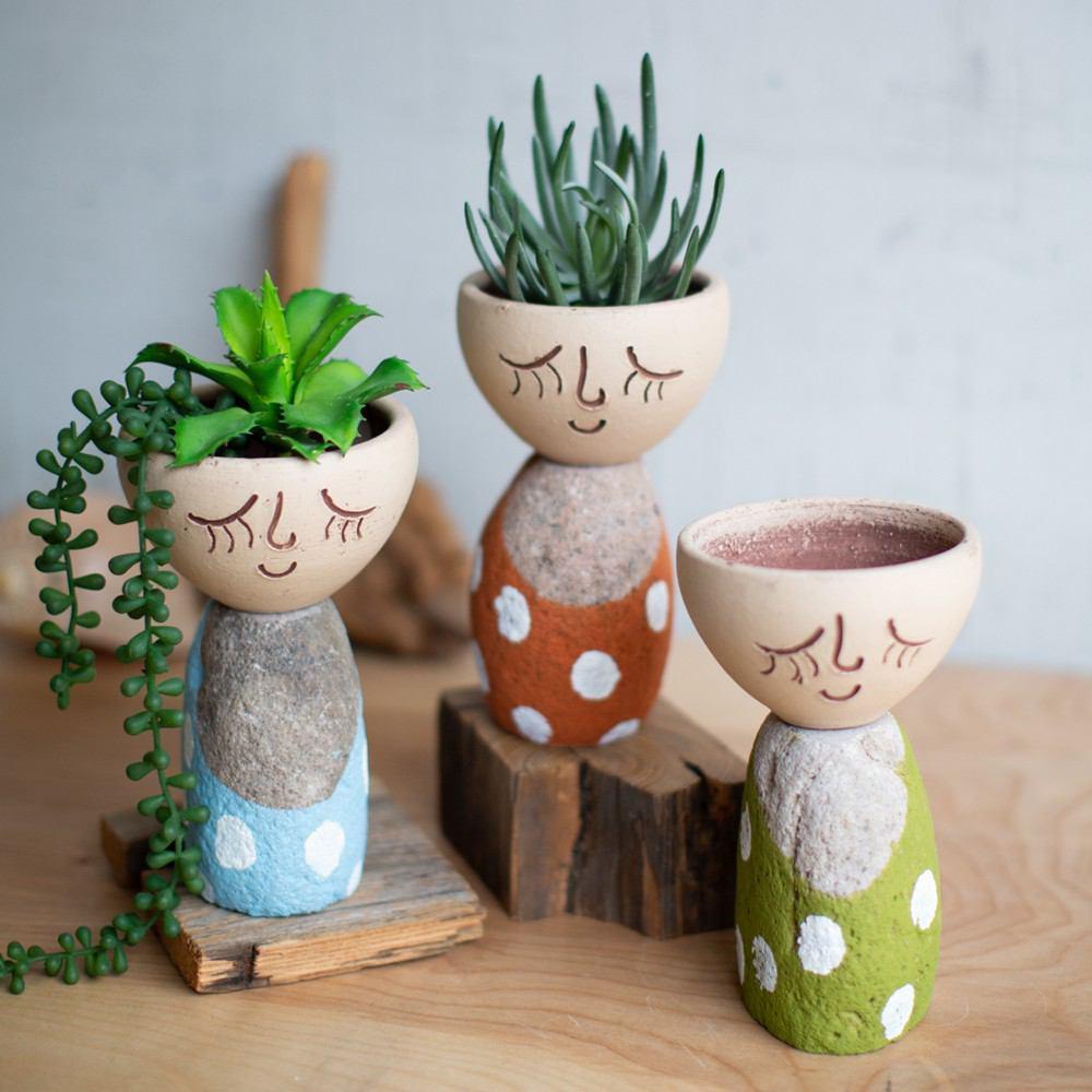Kalalou Set Of 3 Clay Face Planters With River Rock Base
