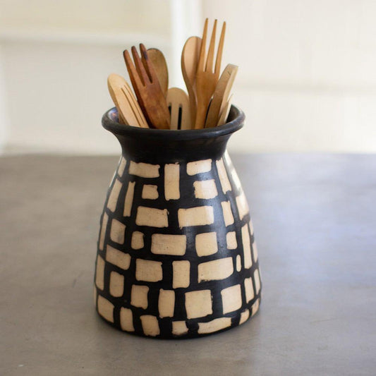Kalalou Black And White Clay Lenca Vessel With Square Pattern