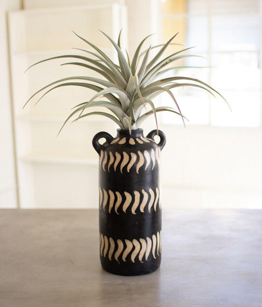 Kalalou Black And White Clay Lenca Vessel With Handles