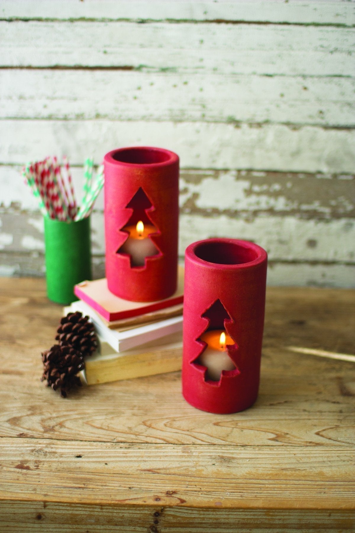 Kalalou Clay Christmas Tree Luminary - Red (Set of 6)3