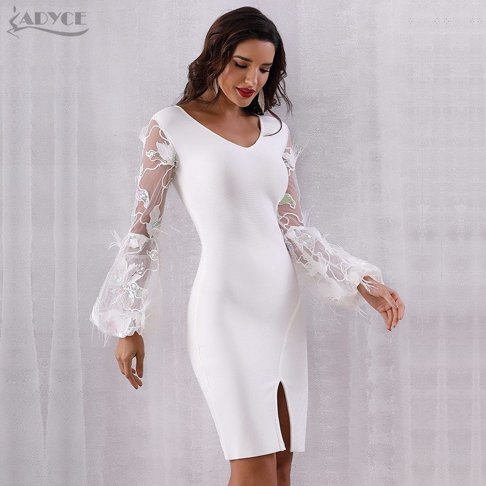 ADYCE Vestidos Sexy Feather Long Sleeve V Neck Midi Lace Runway Bandage Party Dress - H52451