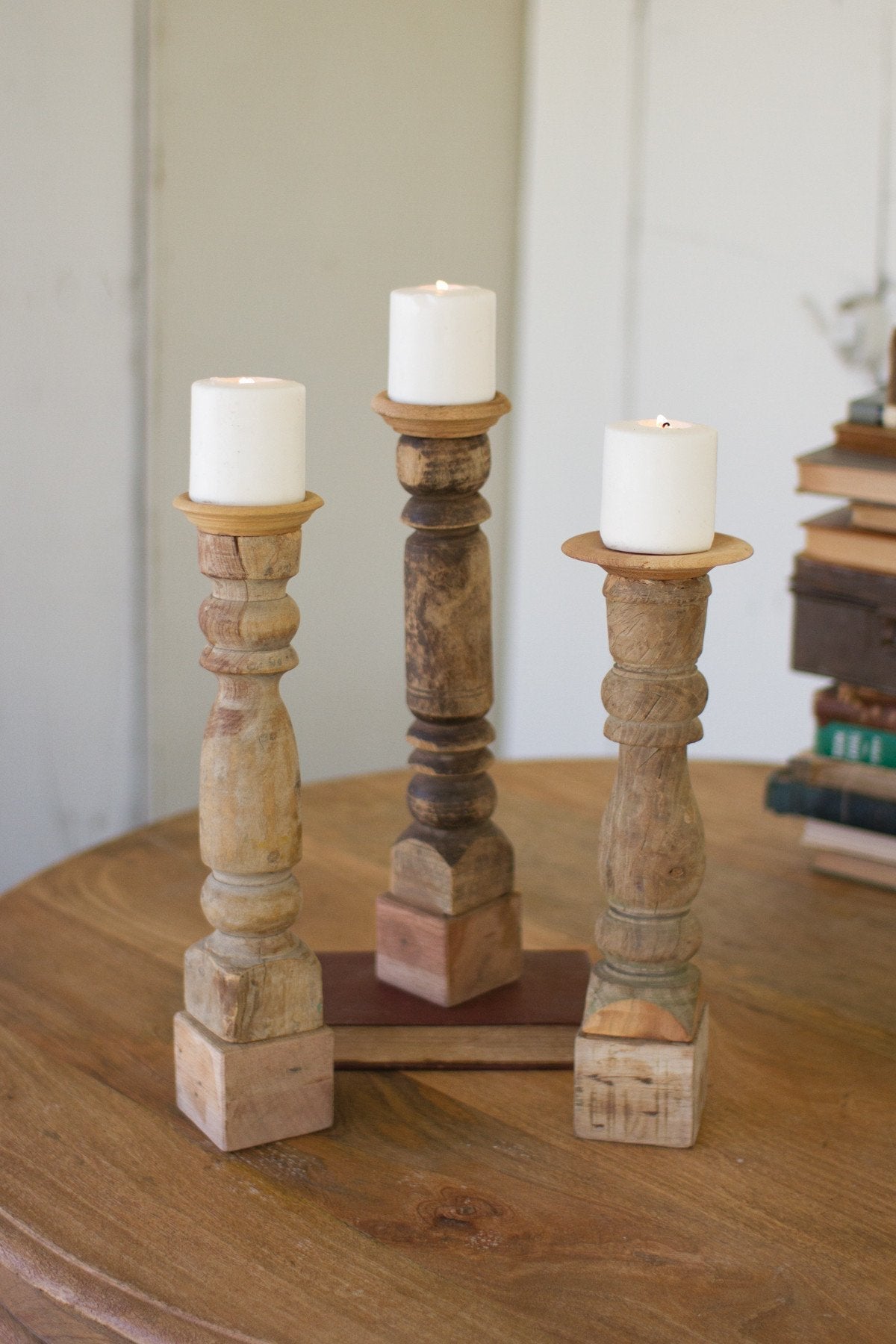Kalalou Assorted Wooden Candle Stands - Antique Turned Banisters - Set Of 3
