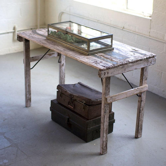 Kalalou Antique White Folding Recycled Wooden Tent Table3