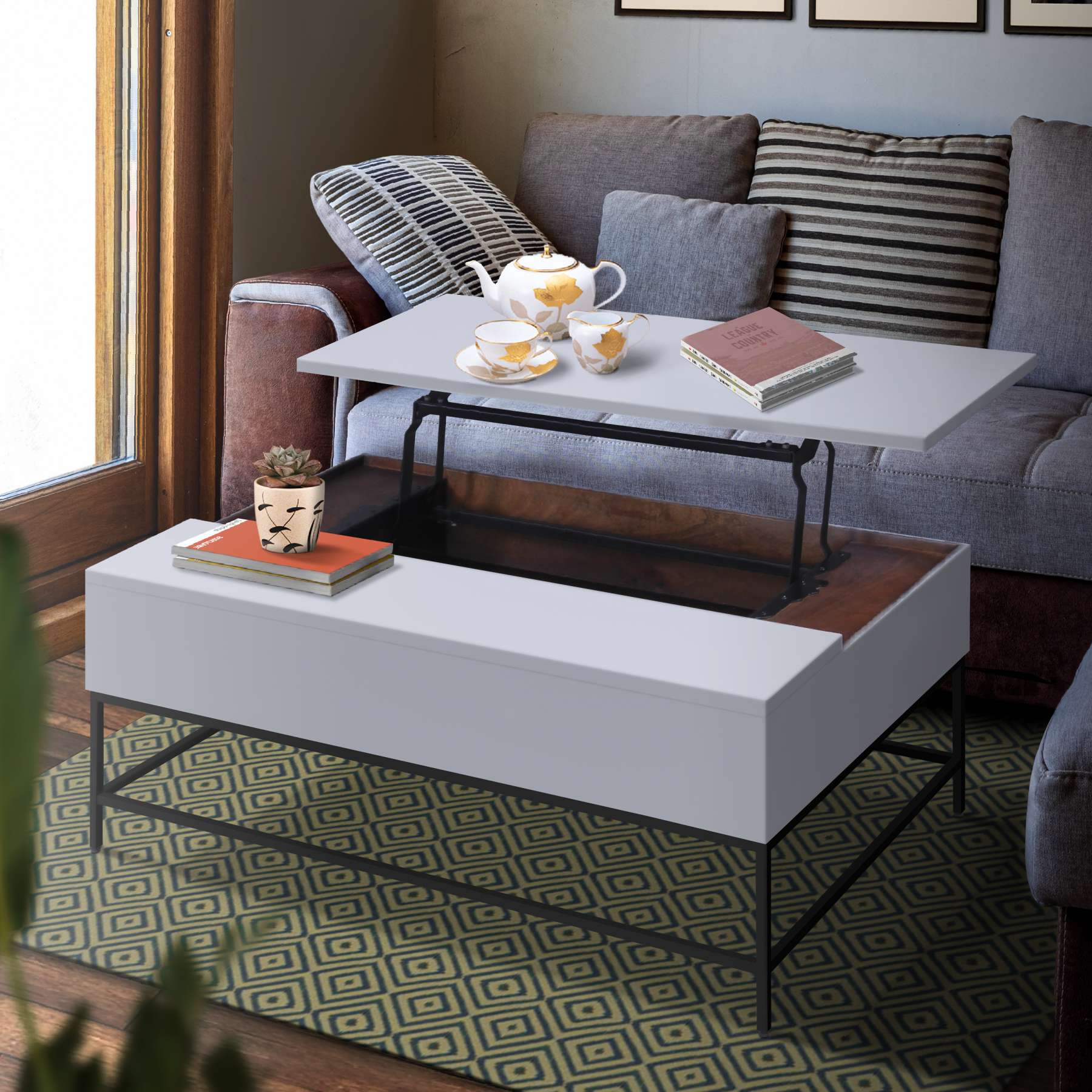 46 Inch Lift Top Storage Mango Wood Coffee Table With Tubular Metal Base,Gray And Black By Benzara | Coffee Tables |  Modishstore 