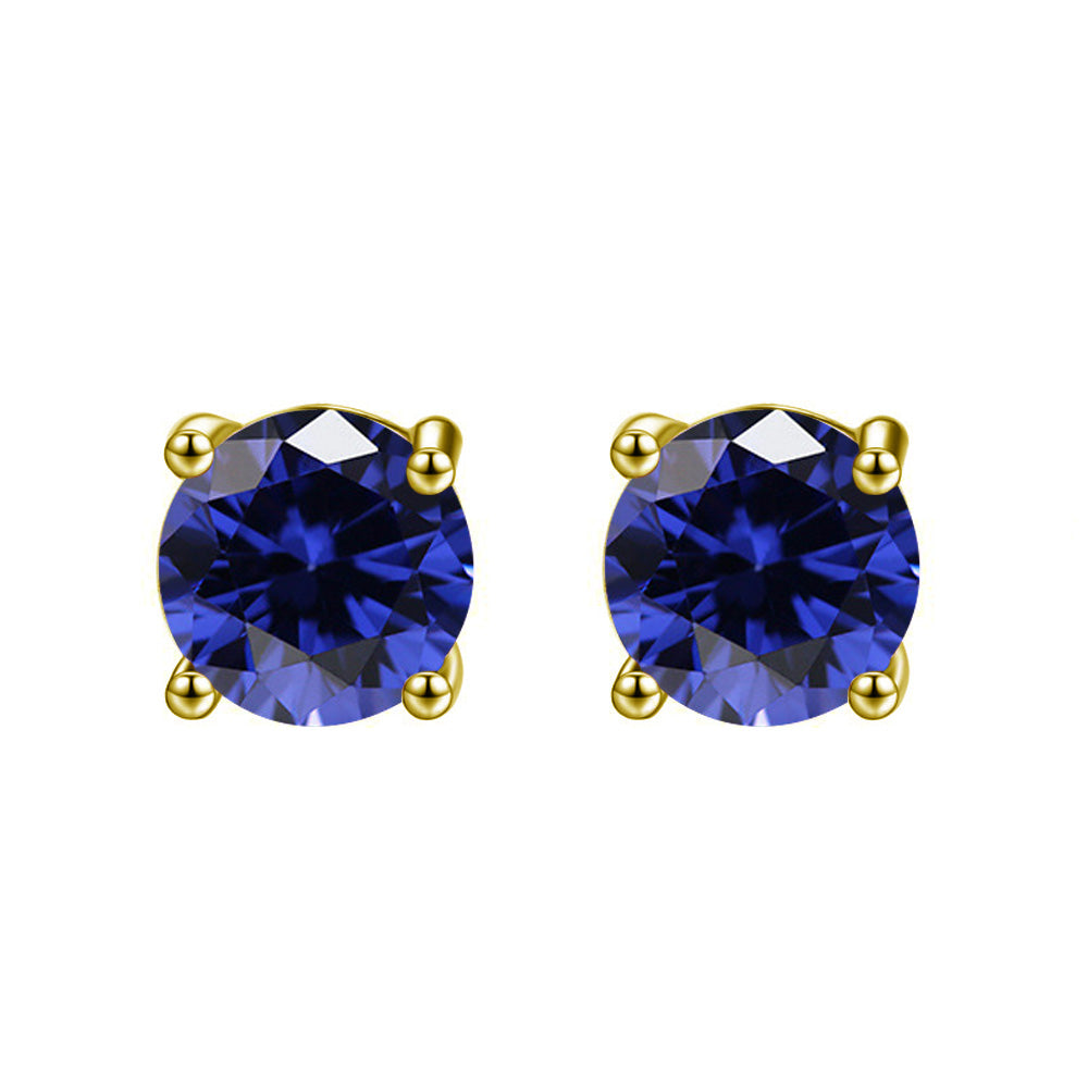 18K Yellow Gold Plated Blue Sapphire Round 3Ct CZ Cut Stud Earrings