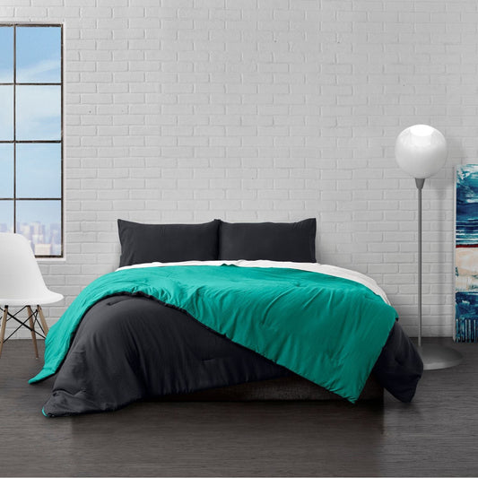 E. Jay Bedding Co Reversible Brushed Microfiber Plush Down-Alt Down Comforter Set - Black+ Teal