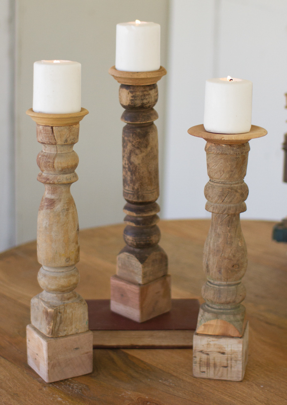 Kalalou Assorted Wooden Candle Stands - Antique Turned Banisters - Set Of 3