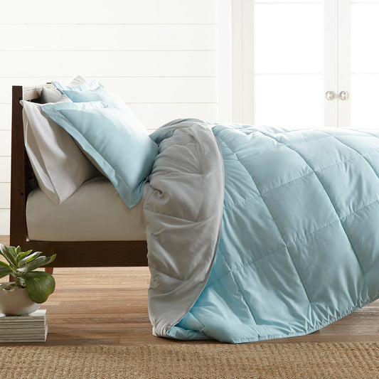 Premium Hypoallergenic Reversible Comforter & Sham Set - Aqua + Light Gray