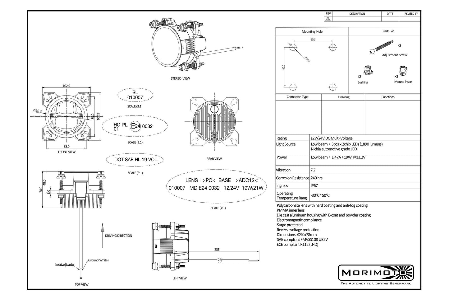 Sealed Beam:  Sealed3 (90mm / High Beam) - Morimoto LF8011