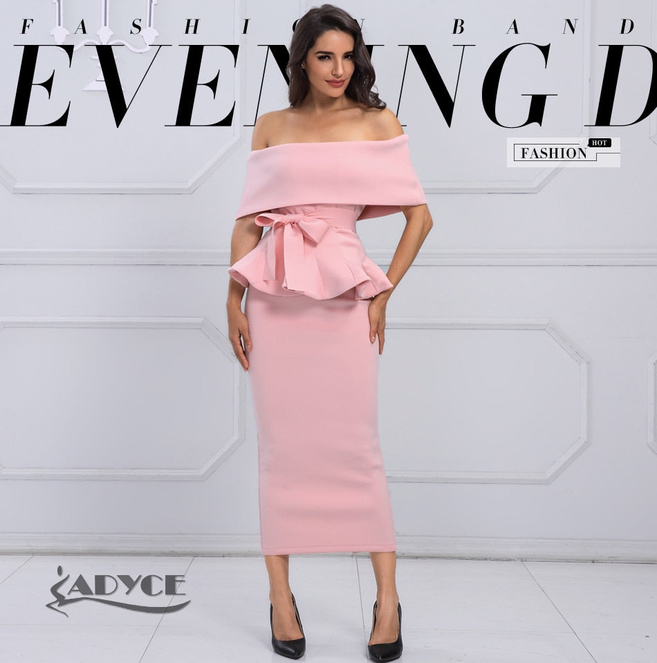 ADYCE Bow &amp; Ruffles Ankle Length Bodycon Slash Neck Short Sleeve Party Dress - Y2008