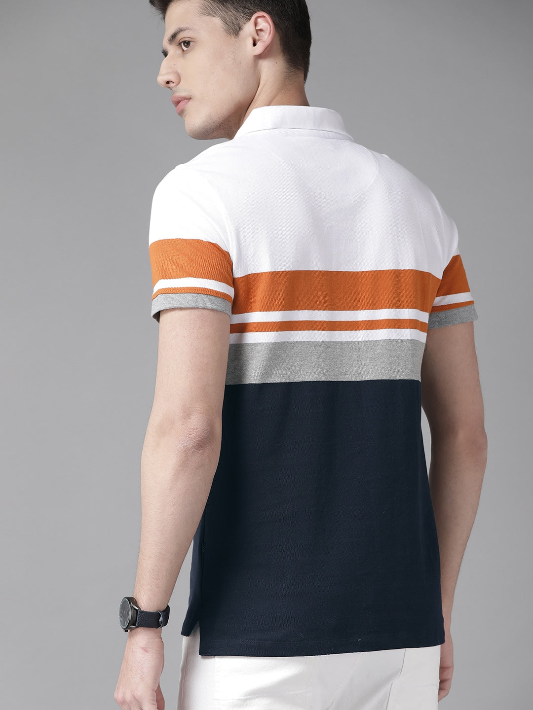 Roadster Men White & Navy Blue Striped Polo Collar T-shirt