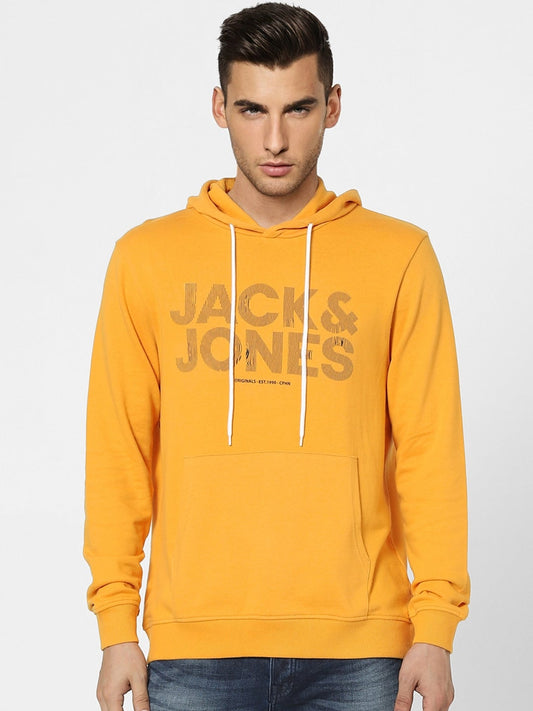 Men Mustard Yellow Printed Hooded Sweatshirt 
