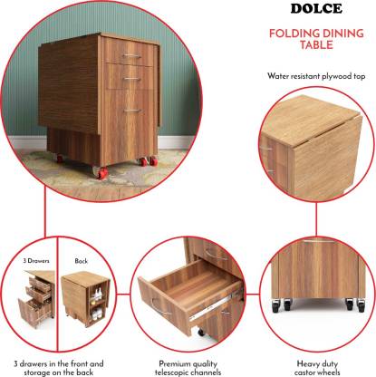 Studio Kook Dolce Folding Dining Table Engineered Wood 4 Seater Dining Table (Finish Color - Walnut, Pre-assembled)