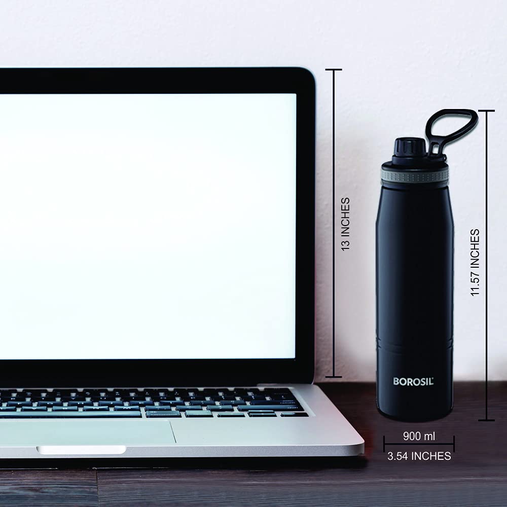 Borosil - Stainless Steel Hydra Gosports - Vacuum Insulated Flask Water Bottle, 900 ML, Black 