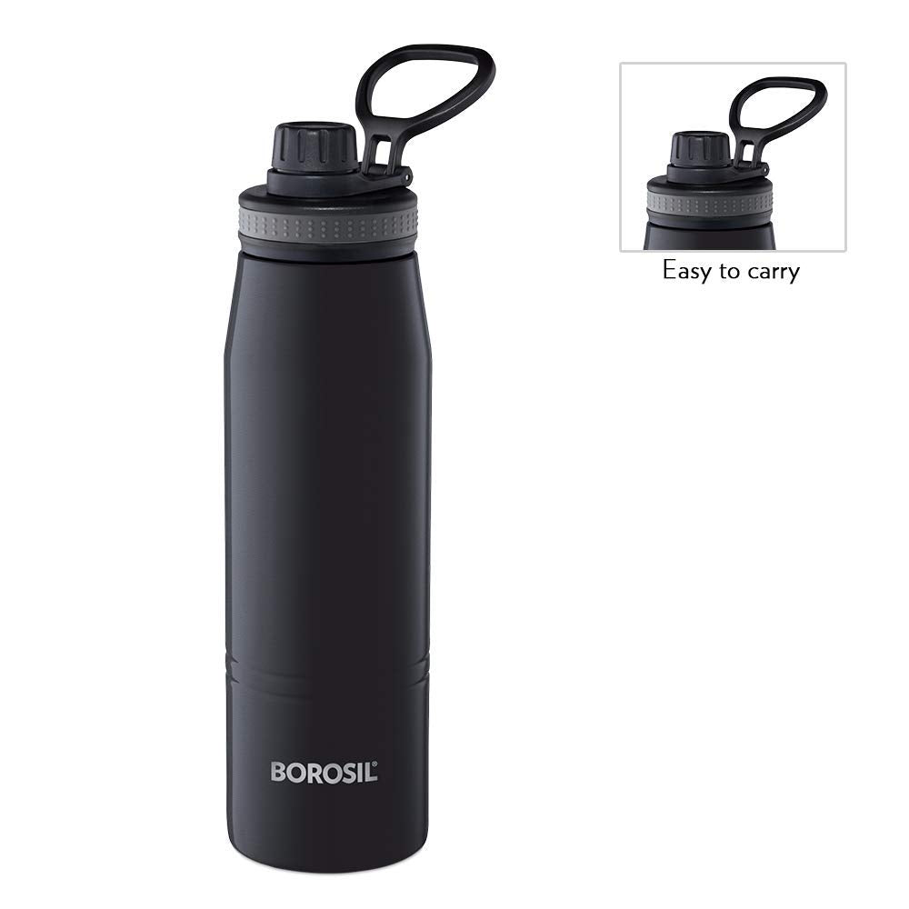 Borosil - Stainless Steel Hydra Gosports - Vacuum Insulated Flask Water Bottle, 900 ML, Black 