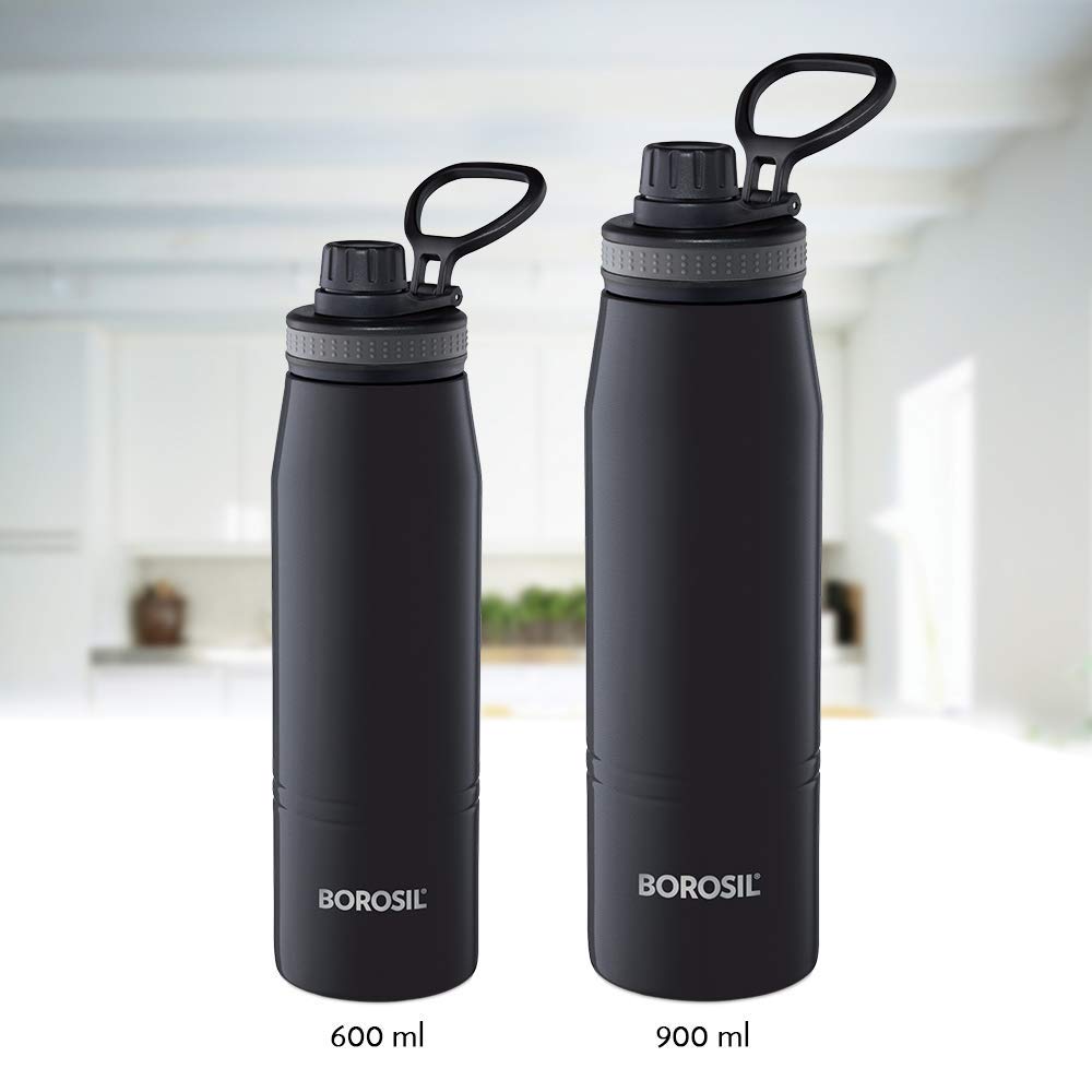 Borosil - Stainless Steel Hydra Gosports - Vacuum Insulated Flask Water Bottle, 900 ML, Black 
