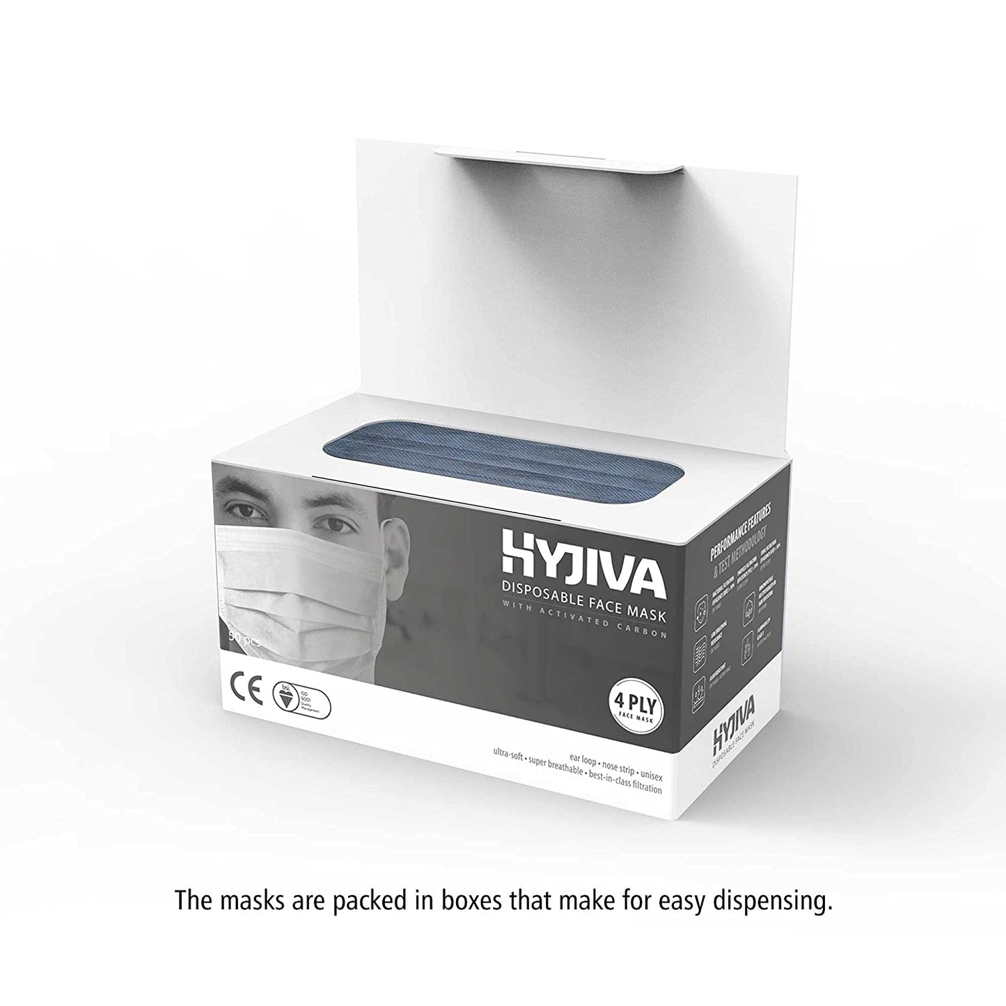 Hyjiva 4-ply, Ear Loop, Nose Strip, BFE/PFE/VFE > 99%, CE and ISO Certification with Activated Carbon Disposable Face Mask (Pack of 50)