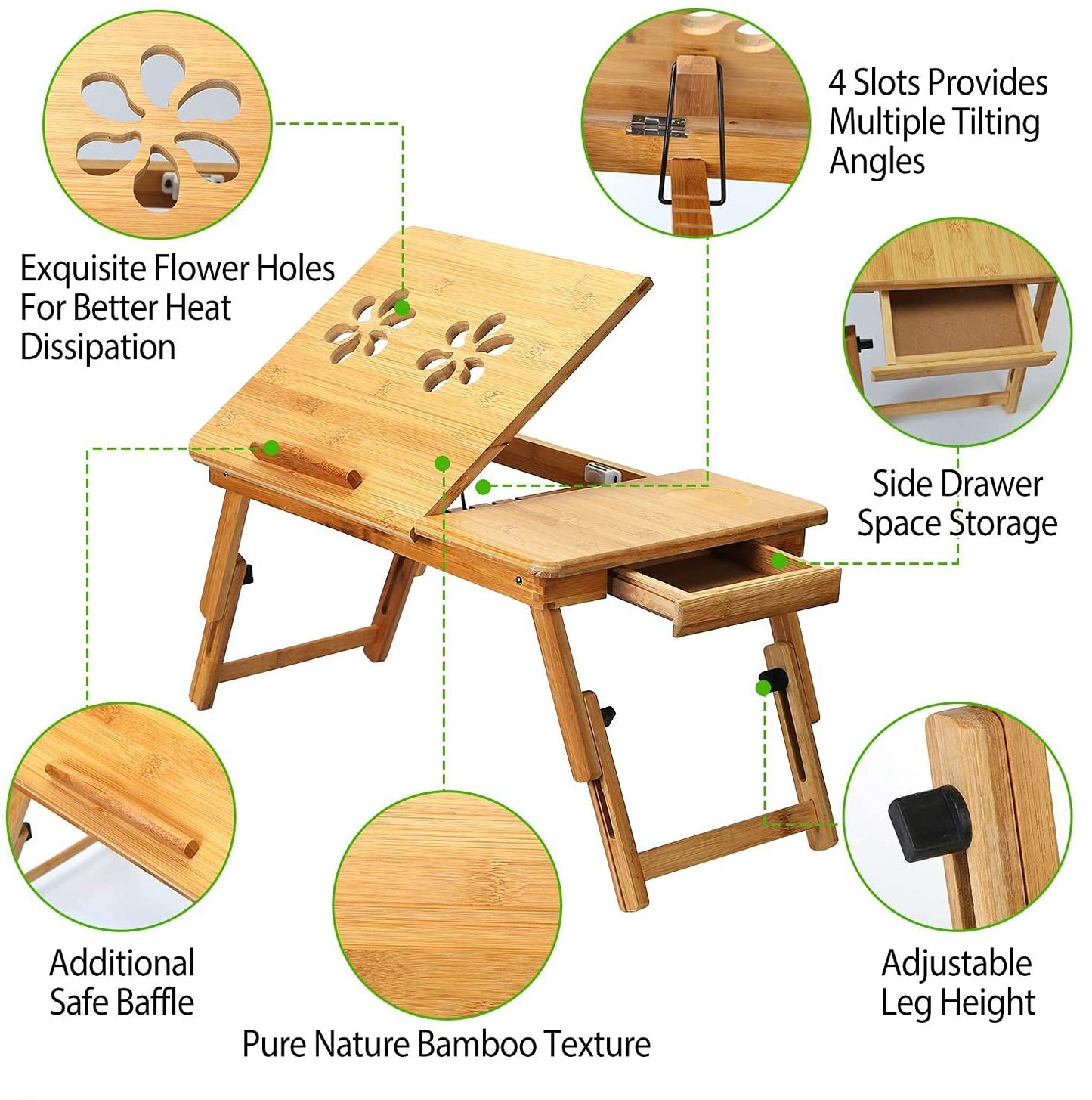 Mantra Bamboo Wood Multipurpose Foldable Portable Height Adjustable Laptop Table Writing, Study Table Bed, Breakfast, Utility Table, Activity Table with Drawer for Home, 