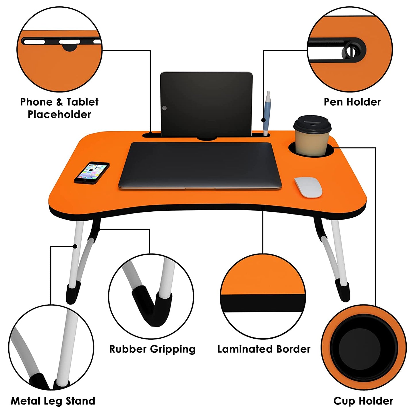Story@Home Multipurpose Foldable Adjustable Portable Wooden Laptop Table Study Table Bed Table Activity Table Lapdesk with Dock Stand Coffee Table (Orange) 