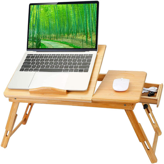 Mantra Bamboo Wood Multipurpose Foldable Portable Height Adjustable Laptop Table Writing, Study Table Bed, Breakfast, Utility Table, Activity Table with Drawer for Home, 