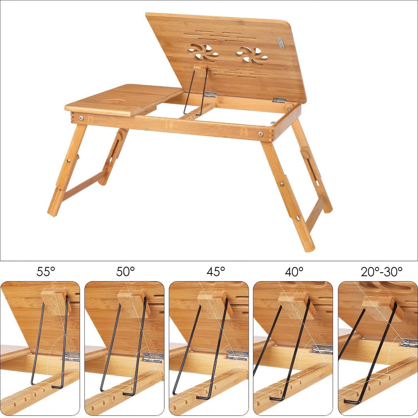 Jukkre Bamboo Large Foldable Laptop Notebook Stand Desk with Height Adjustable Legs Drawer Cup Holder,Bed Table Serving Tray for Eating Breakfast, Reading Book, Watching Movie on iPad 