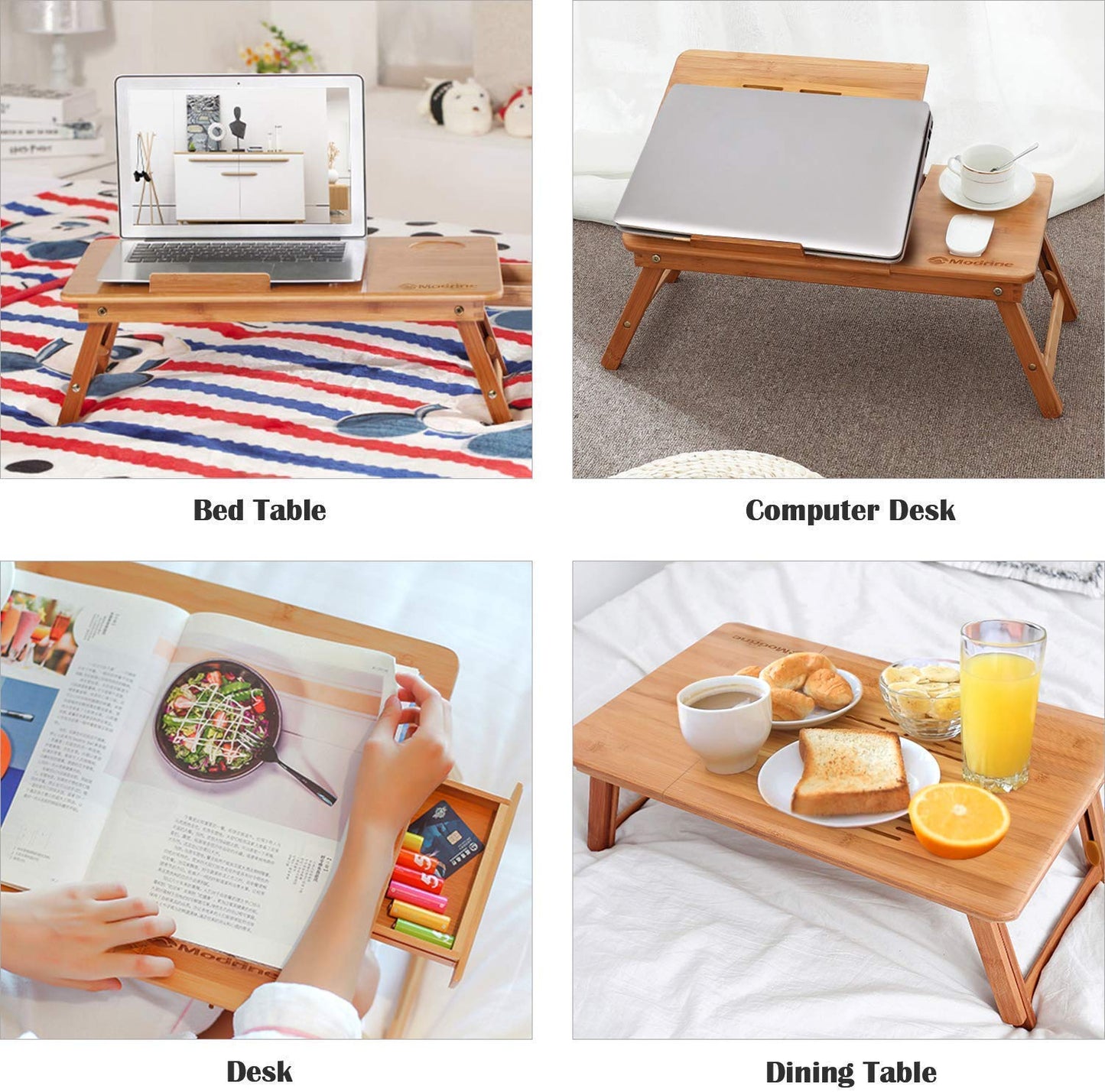 Jukkre Bamboo Large Foldable Laptop Notebook Stand Desk with Height Adjustable Legs Drawer Cup Holder,Bed Table Serving Tray for Eating Breakfast, Reading Book, Watching Movie on iPad 