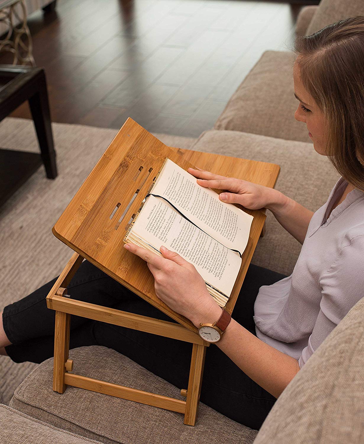 Jukkre Bamboo Large Foldable Laptop Notebook Stand Desk with Height Adjustable Legs Drawer Cup Holder,Bed Table Serving Tray for Eating Breakfast, Reading Book, Watching Movie on iPad 