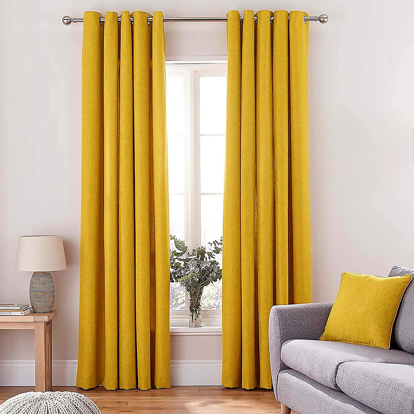 Casableu Long Luxurious Linen Jute Look Curtains Set of 2, Lyon - Yellow Plain Panama Design with Light Filtering and Grommet Eyelet for Bedroom Living Room Door Window (7 Feet) 