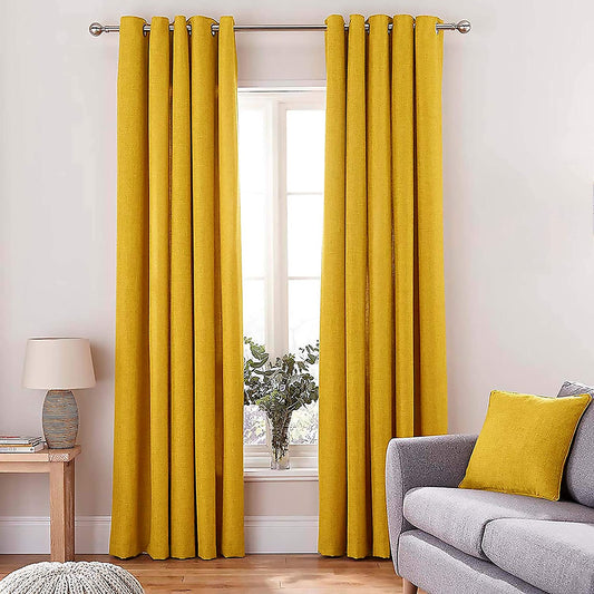 Casableu Long Luxurious Linen Jute Look Curtains Set of 2, Lyon - Yellow Plain Panama Design with Light Filtering and Grommet Eyelet for Bedroom Living Room Door Window (7 Feet) 