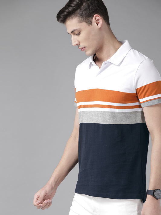 Roadster Men White & Navy Blue Striped Polo Collar T-shirt